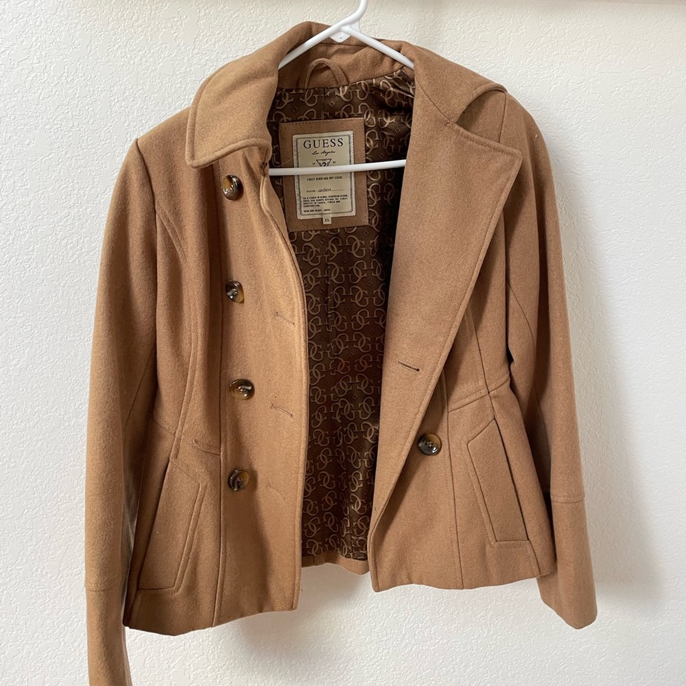 GUESS camel-colored, double-breasted Pea Coat; size XS.